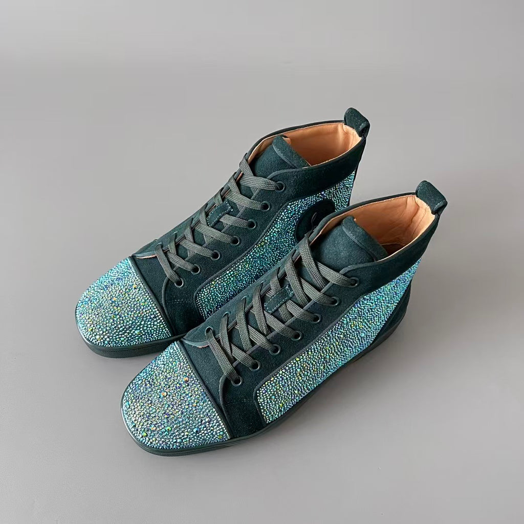 CL 【Red Sole】Lou Spikes high-top sneakers in green, fully embellished with crystals