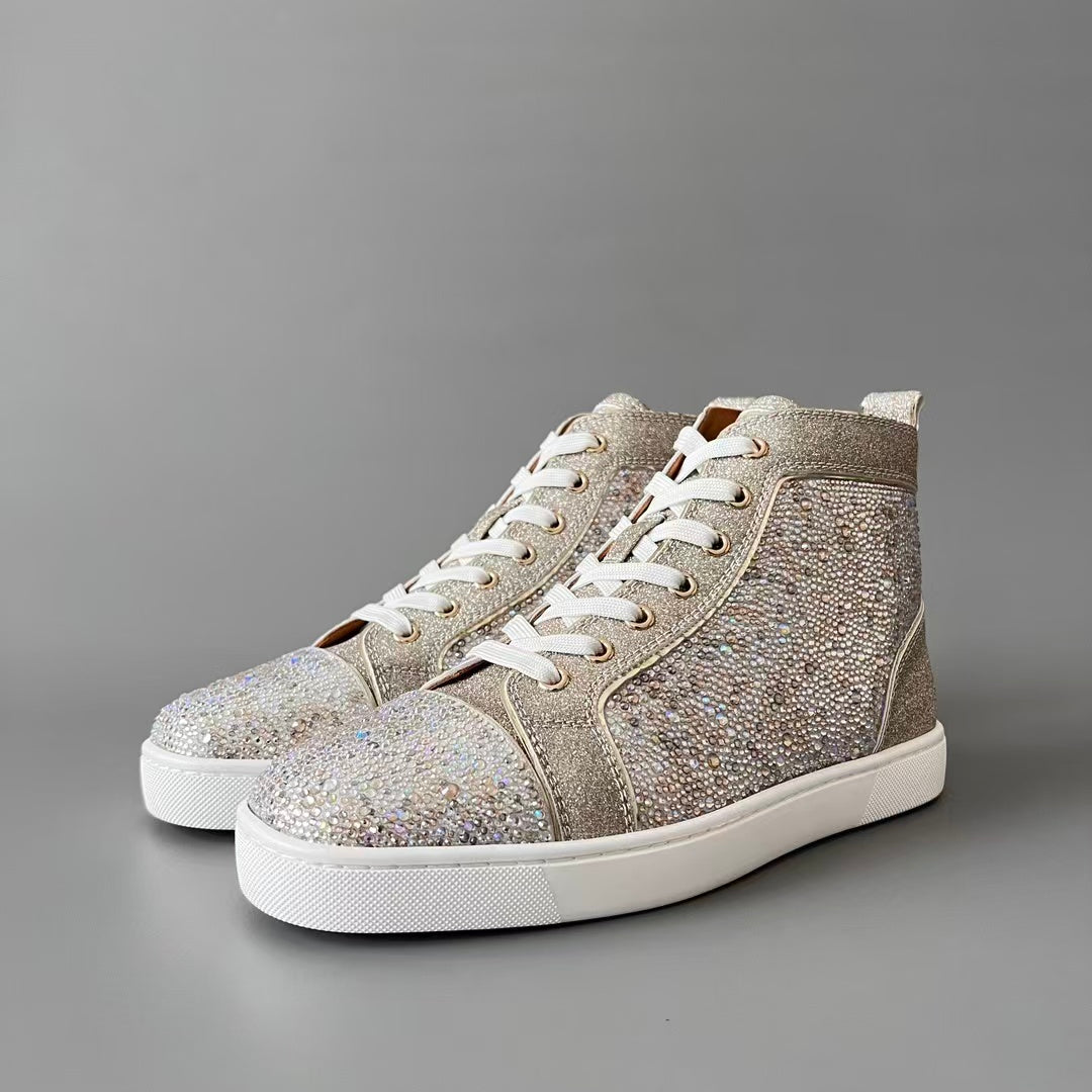 CL 【Red Sole】Lou Spikes high-top sneakers in rose gold, fully embellished with crystals.