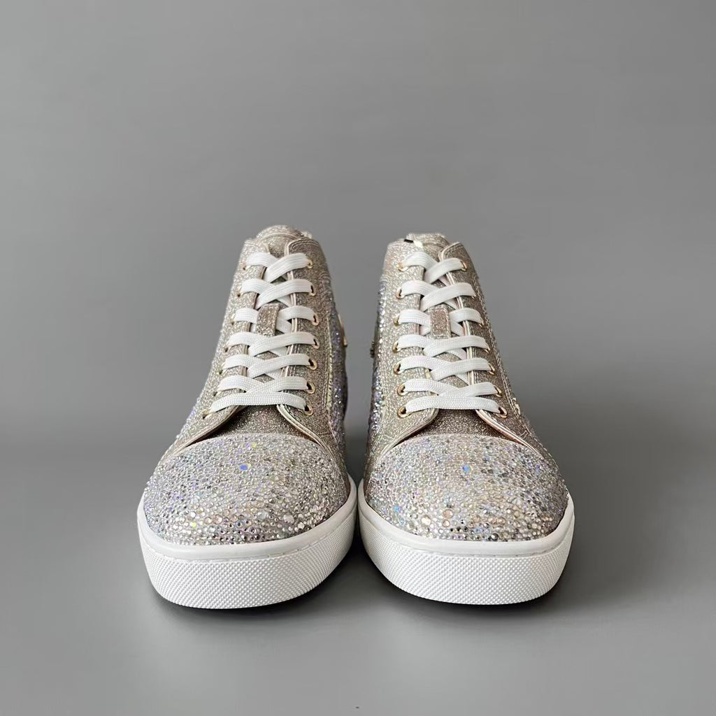 CL 【Red Sole】Lou Spikes high-top sneakers in rose gold, fully embellished with crystals.