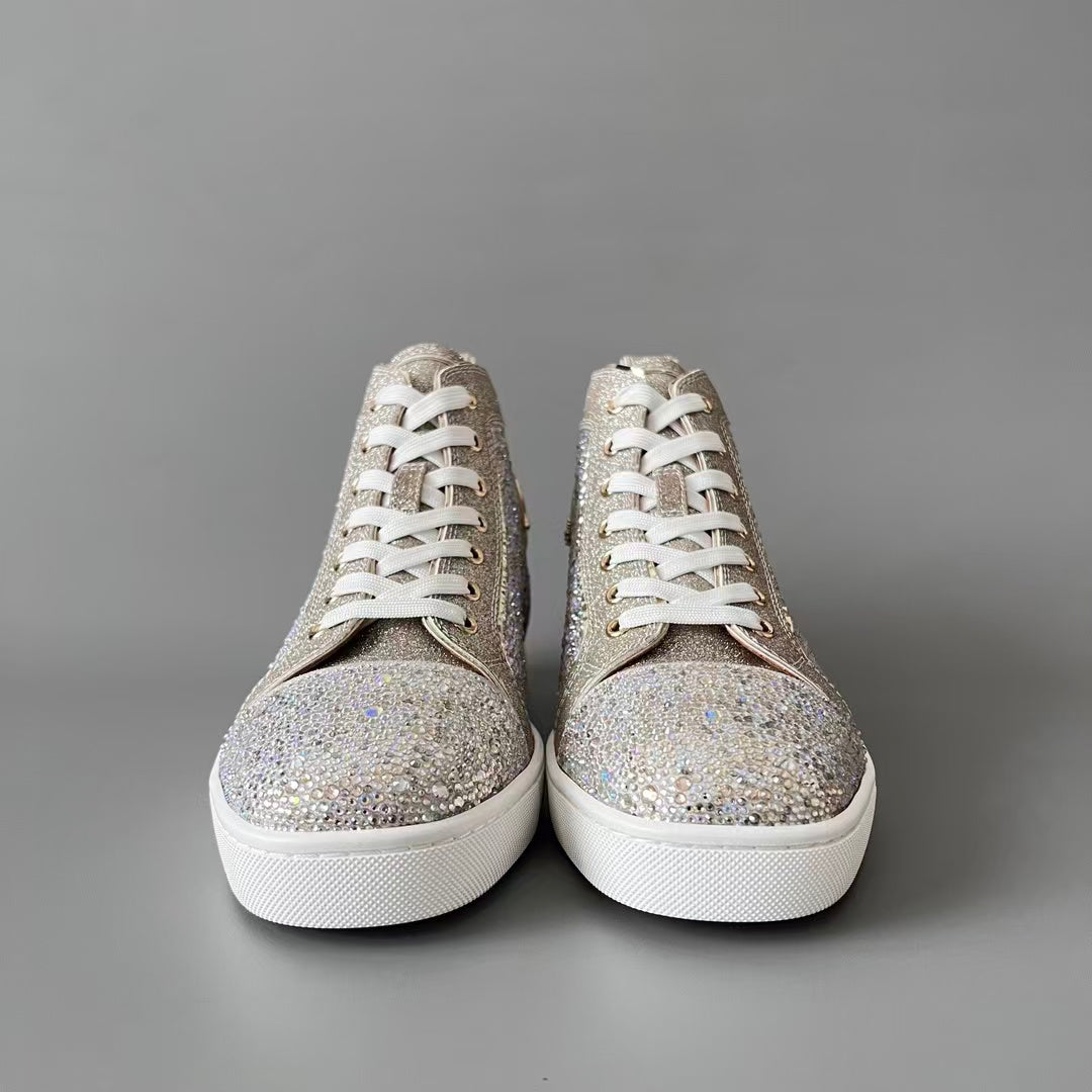 CL 【Red Sole】Lou Spikes high-top sneakers in rose gold, fully embellished with crystals.