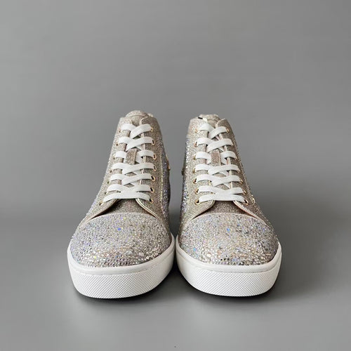 CL 【Red Sole】Lou Spikes high-top sneakers in rose gold, fully embellished with crystals.