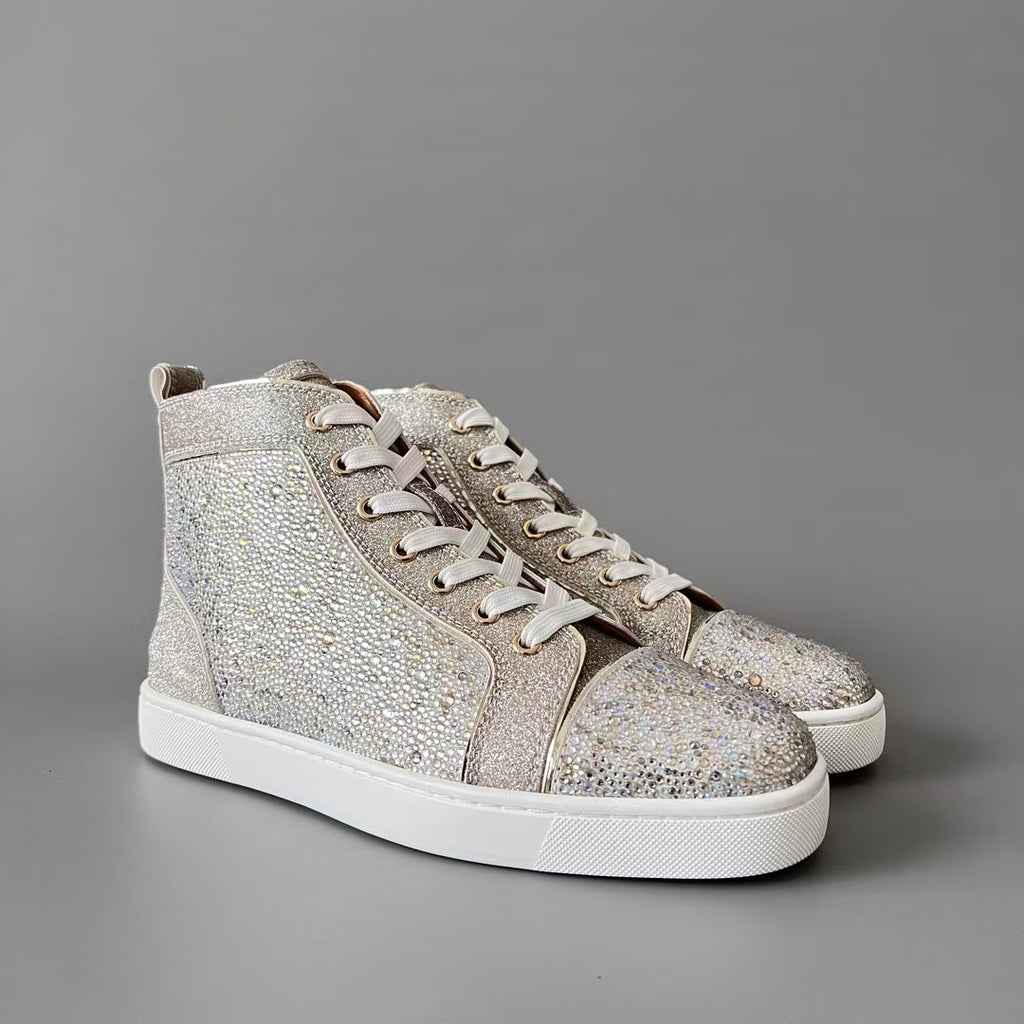 CL 【Red Sole】Lou Spikes high-top sneakers in rose gold, fully embellished with crystals.