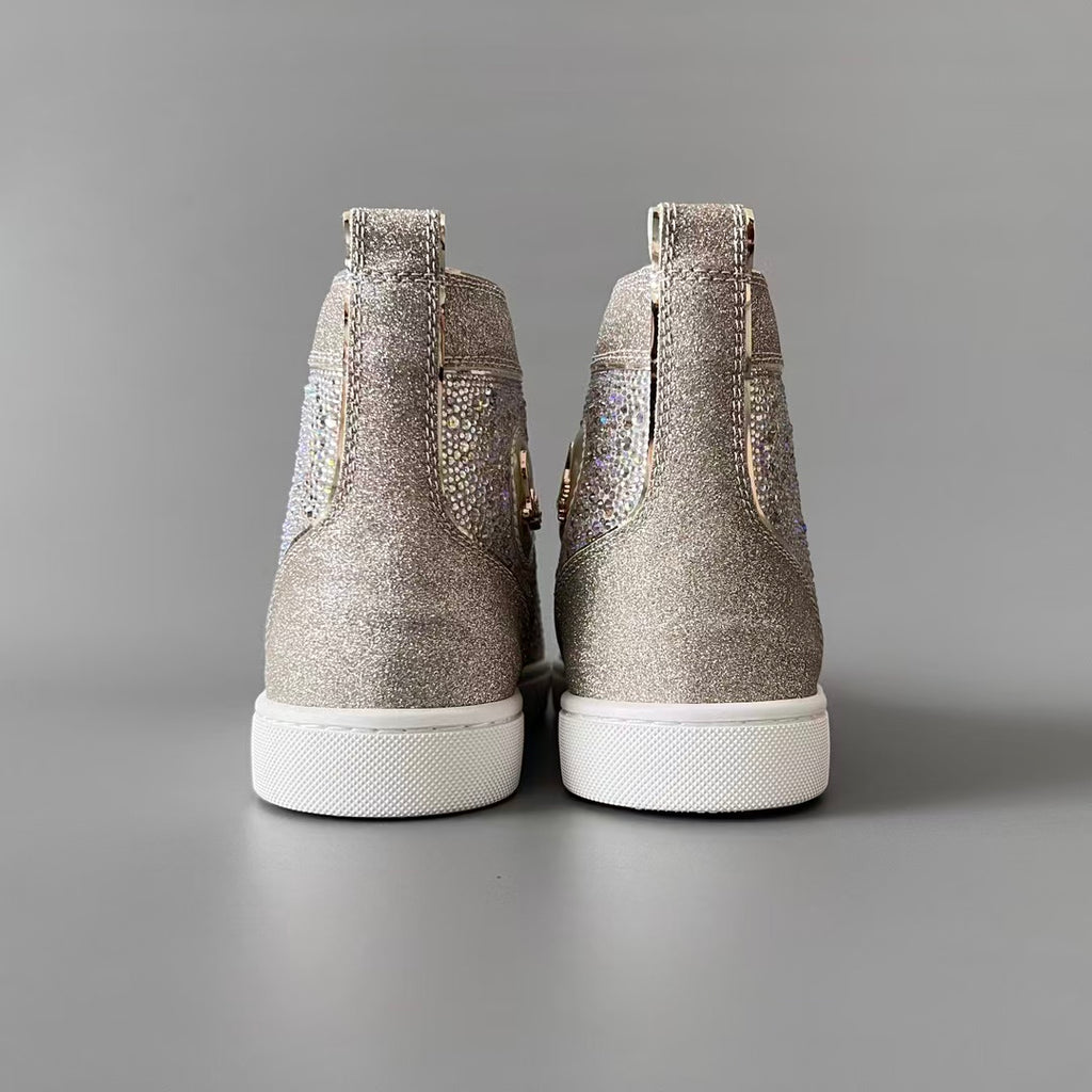 CL 【Red Sole】Lou Spikes high-top sneakers in rose gold, fully embellished with crystals.
