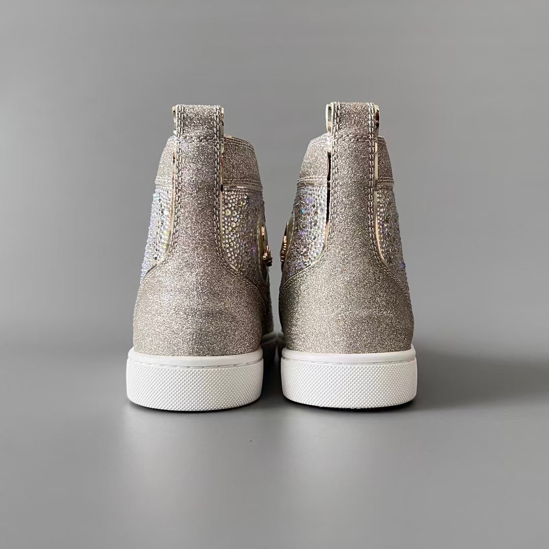 CL 【Red Sole】Lou Spikes high-top sneakers in rose gold, fully embellished with crystals.