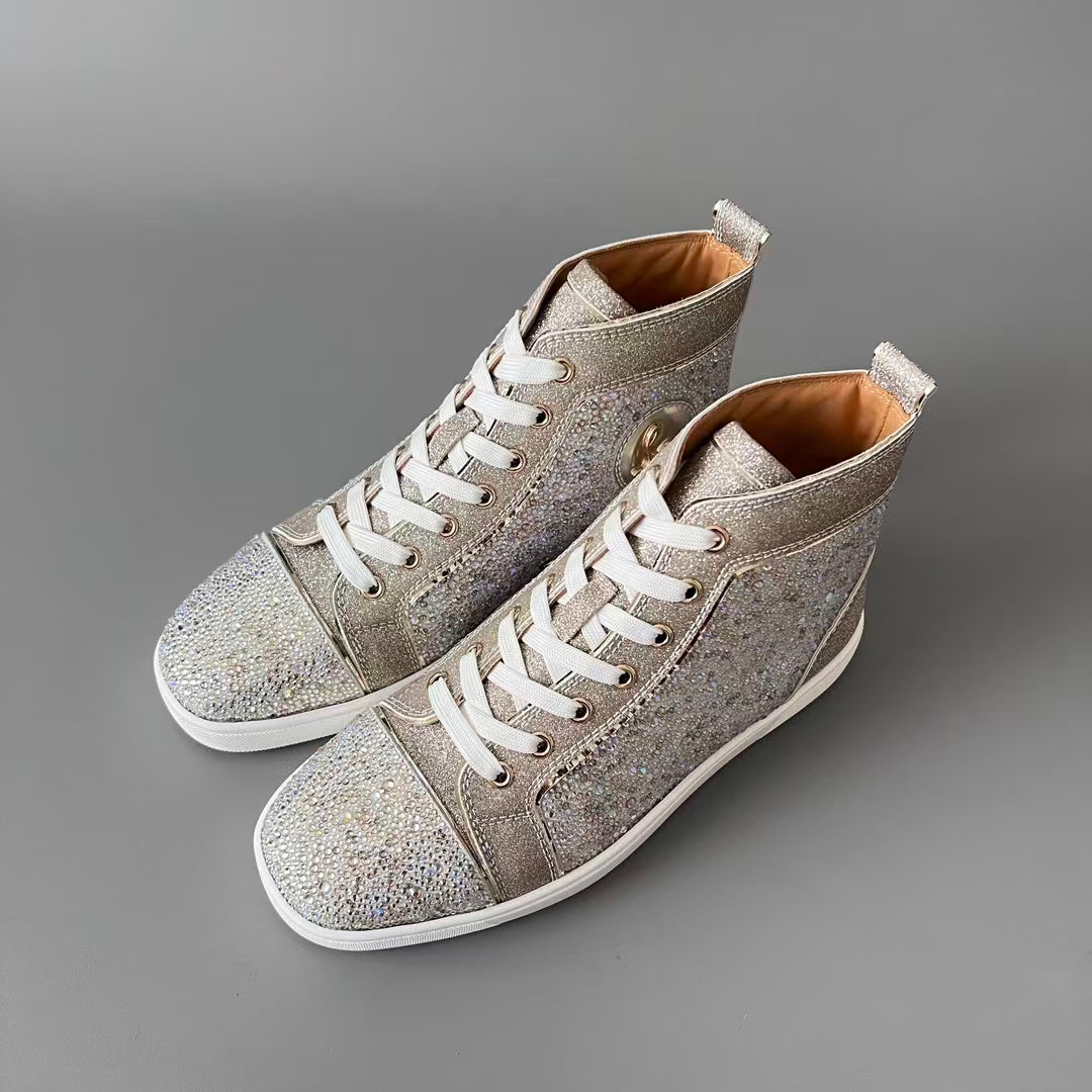 CL 【Red Sole】Lou Spikes high-top sneakers in rose gold, fully embellished with crystals.