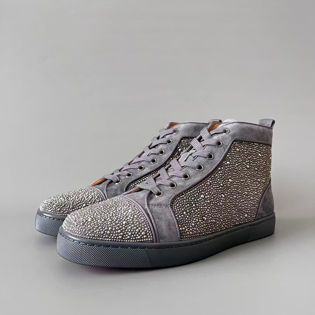 CL 【Red Sole】Lou Spikes high-top sneakers in grey, fully embellished with crystals.