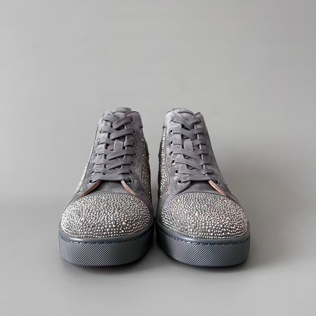 CL 【Red Sole】Lou Spikes high-top sneakers in grey, fully embellished with crystals.