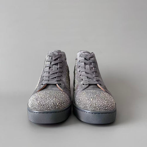 CL 【Red Sole】Lou Spikes high-top sneakers in grey, fully embellished with crystals.