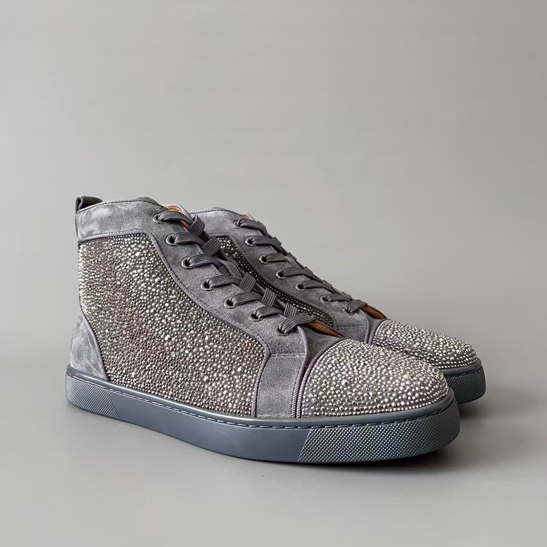 CL 【Red Sole】Lou Spikes high-top sneakers in grey, fully embellished with crystals.