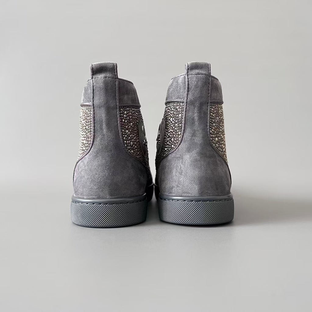 CL 【Red Sole】Lou Spikes high-top sneakers in grey, fully embellished with crystals.
