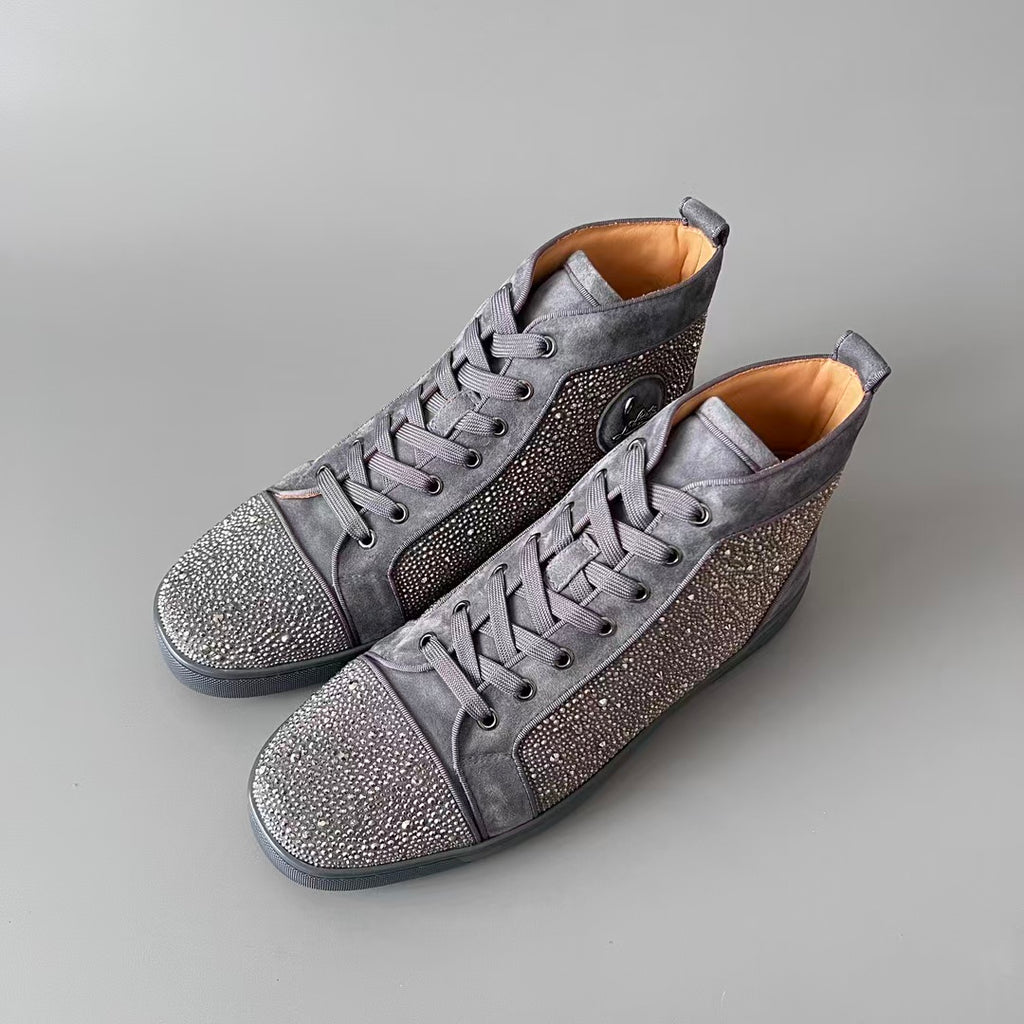 CL 【Red Sole】Lou Spikes high-top sneakers in grey, fully embellished with crystals.