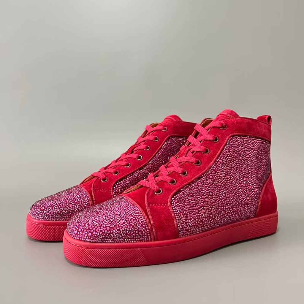 CL 【Red Sole】Lou Spikes High-Top Sneakers – Bright Red with Colorful Crystals