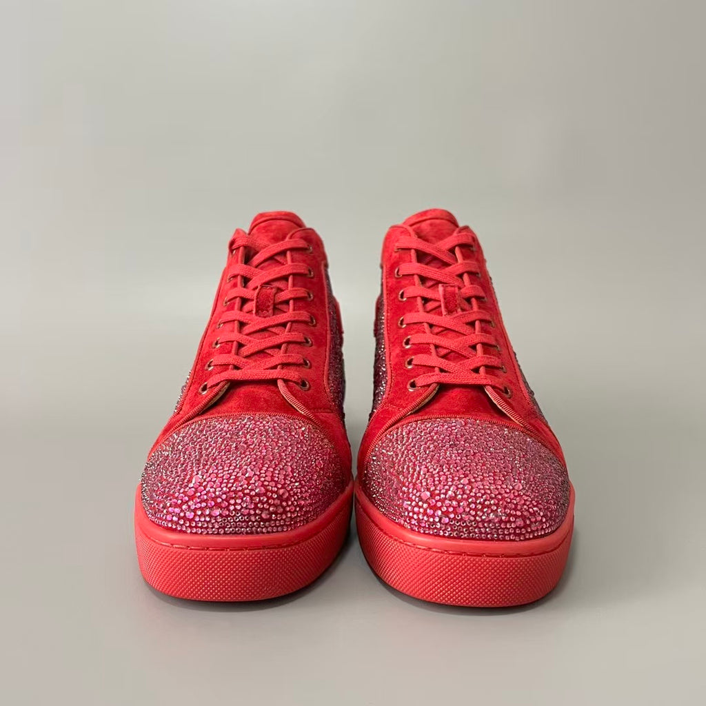 CL 【Red Sole】Lou Spikes High-Top Sneakers – Bright Red with Colorful Crystals