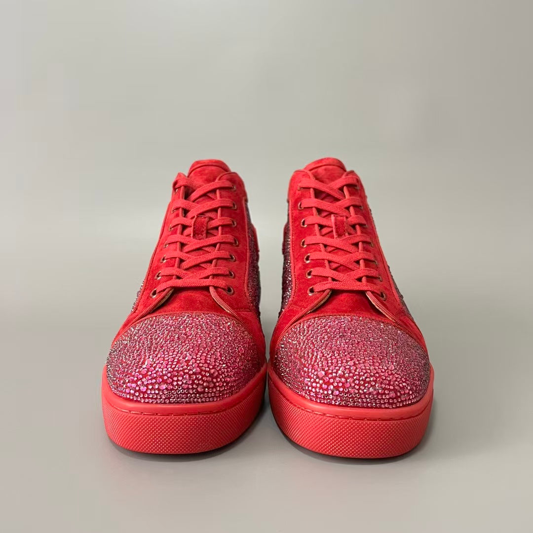 CL 【Red Sole】Lou Spikes High-Top Sneakers – Bright Red with Colorful Crystals