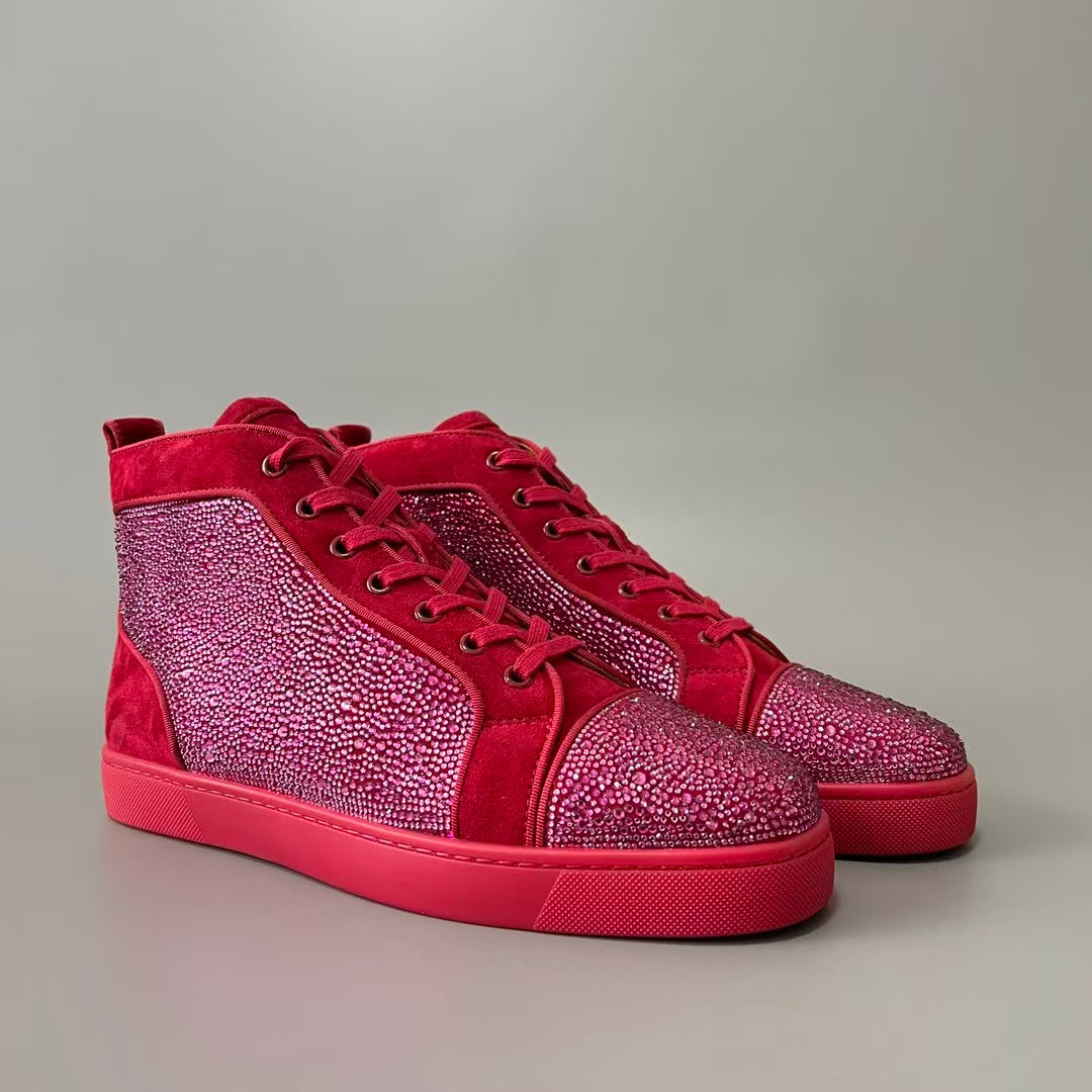 CL 【Red Sole】Lou Spikes High-Top Sneakers – Bright Red with Colorful Crystals