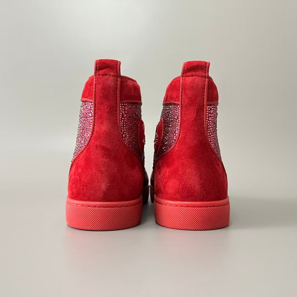 CL 【Red Sole】Lou Spikes High-Top Sneakers – Bright Red with Colorful Crystals