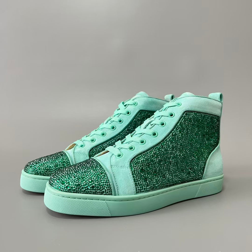 CL 【Red Sole】Lou Spikes high-top sneakers in Tiffany blue, fully embellished with crystals.