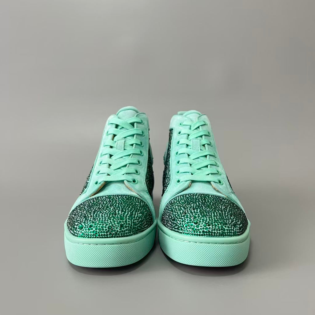 CL 【Red Sole】Lou Spikes high-top sneakers in Tiffany blue, fully embellished with crystals.