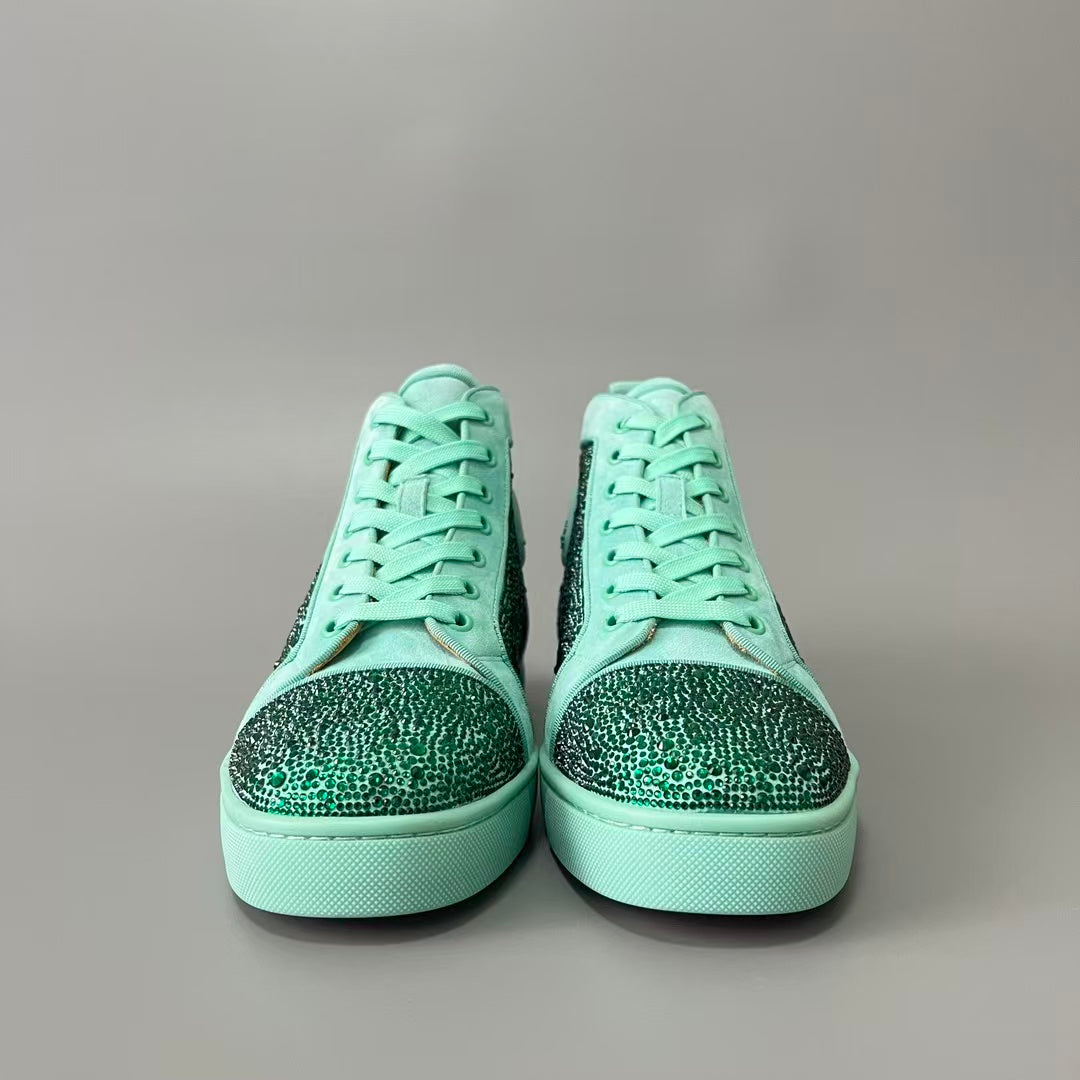 CL 【Red Sole】Lou Spikes high-top sneakers in Tiffany blue, fully embellished with crystals.