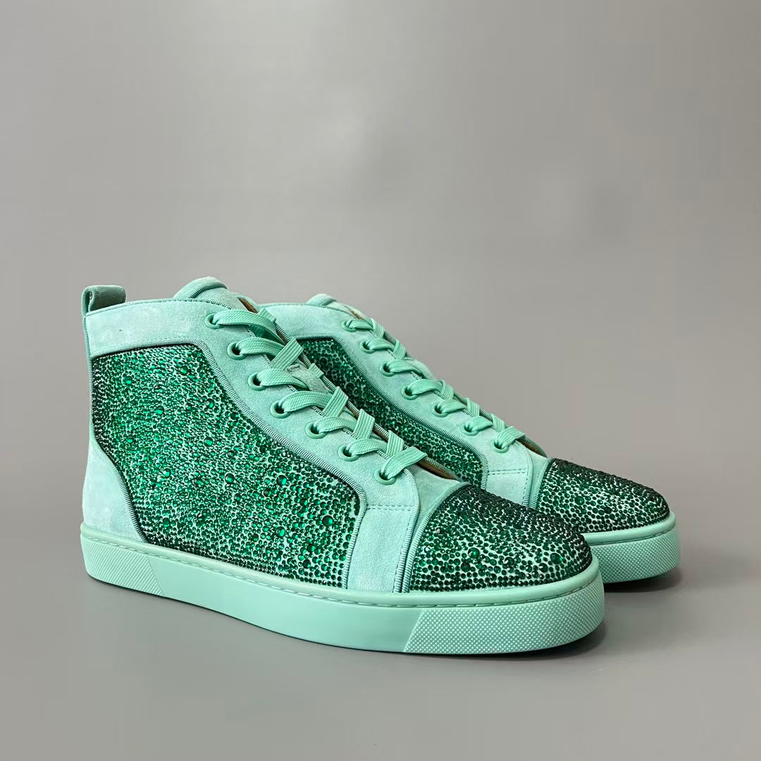 CL 【Red Sole】Lou Spikes high-top sneakers in Tiffany blue, fully embellished with crystals.