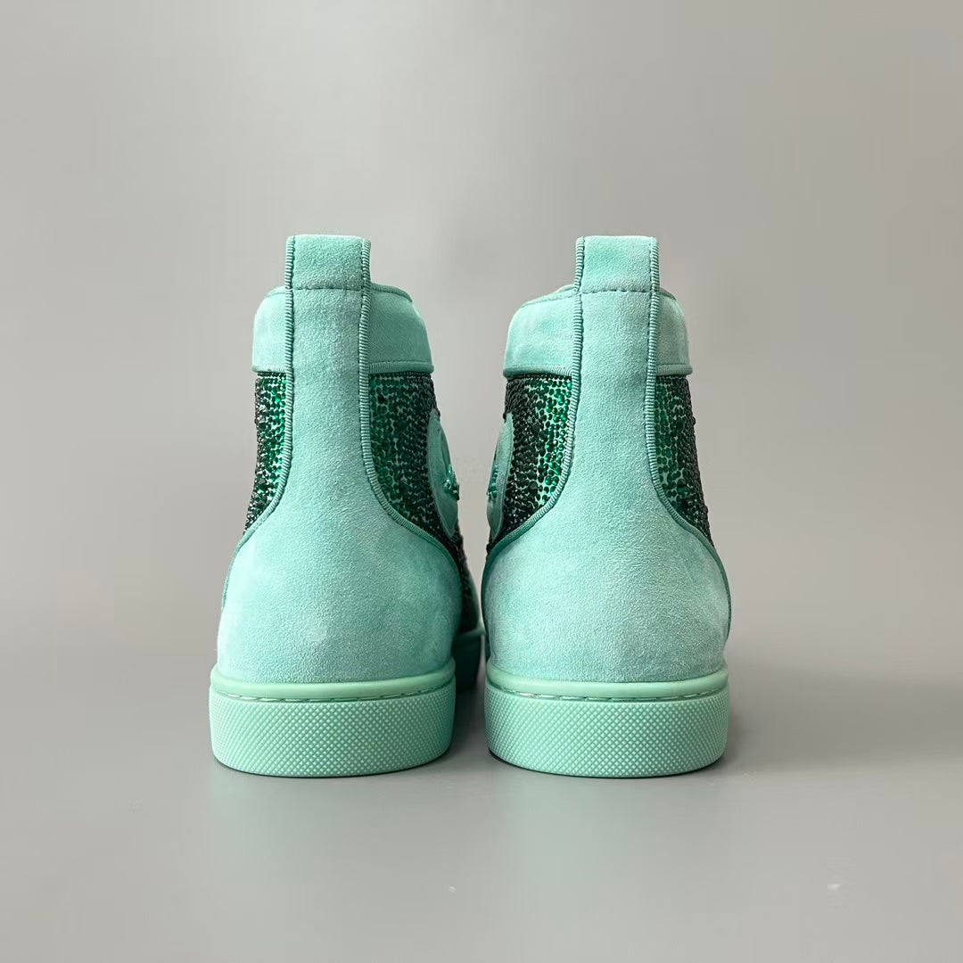 CL 【Red Sole】Lou Spikes high-top sneakers in Tiffany blue, fully embellished with crystals.
