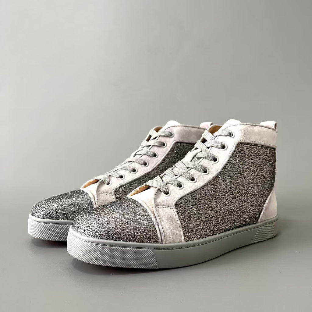 CL 【Red Sole】Lou Spikes high-top sneakers in silver-grey, fully embellished with crystals.