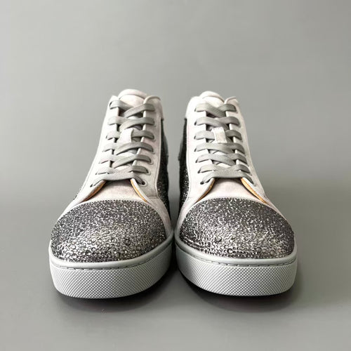 CL 【Red Sole】Lou Spikes high-top sneakers in silver-grey, fully embellished with crystals.