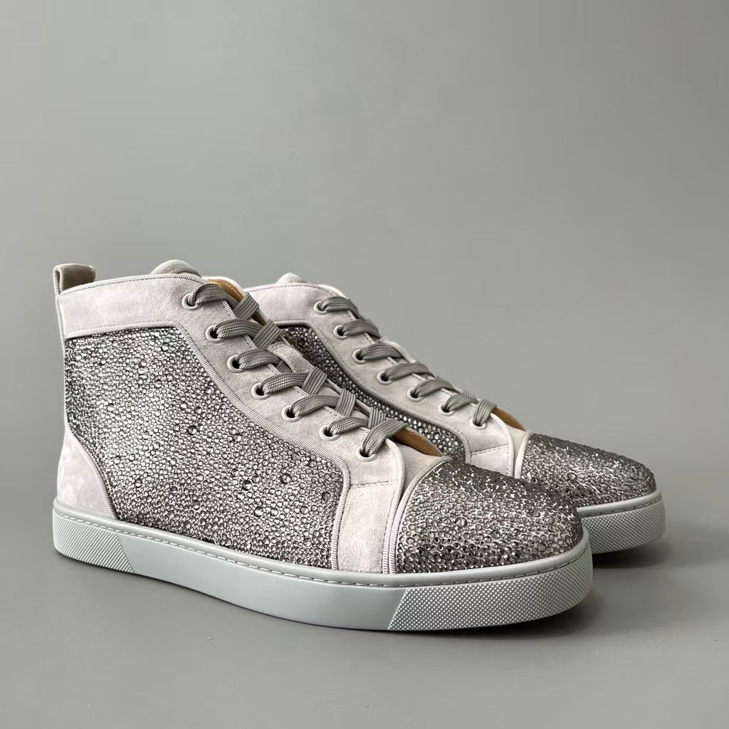 CL 【Red Sole】Lou Spikes high-top sneakers in silver-grey, fully embellished with crystals.