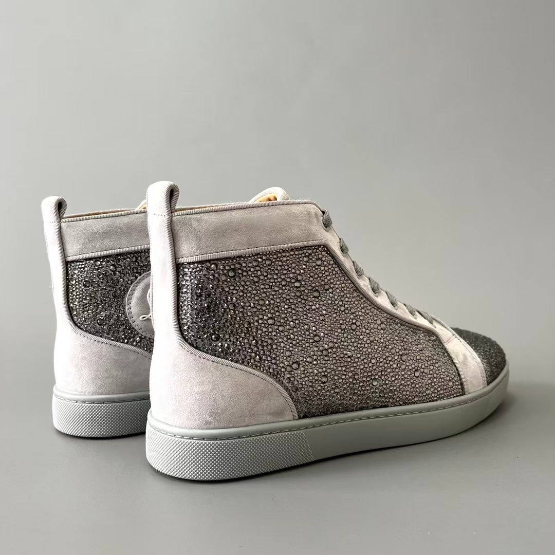 CL 【Red Sole】Lou Spikes high-top sneakers in silver-grey, fully embellished with crystals.