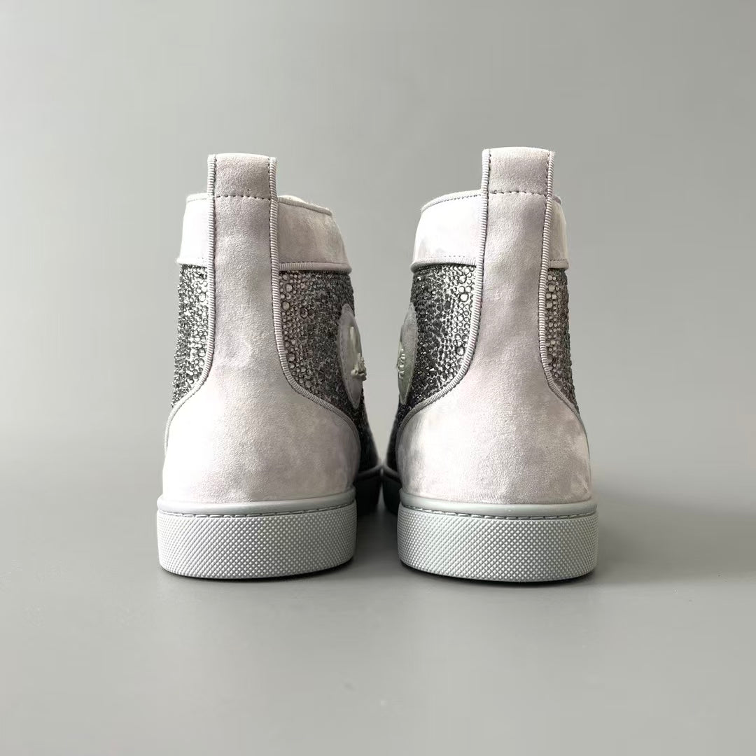 CL 【Red Sole】Lou Spikes high-top sneakers in silver-grey, fully embellished with crystals.
