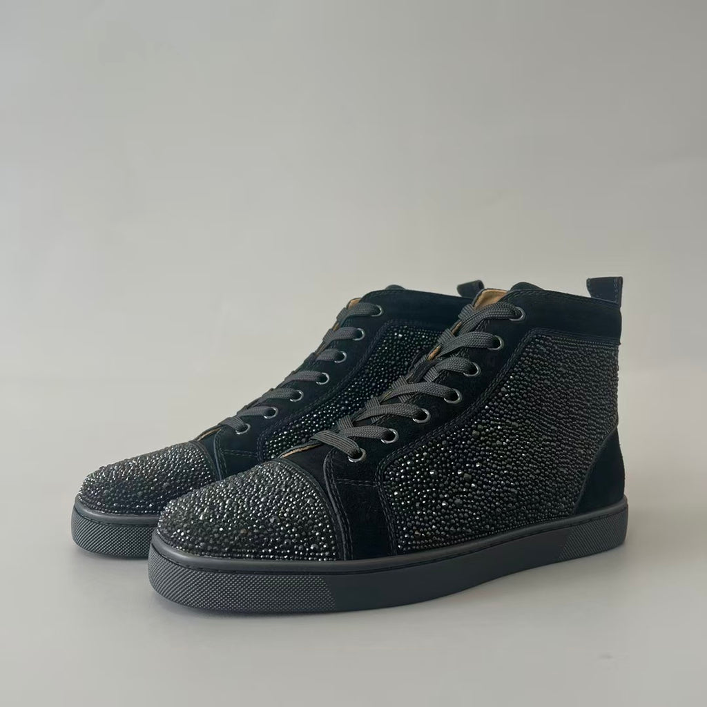 CL 【Red Sole】Lou Spikes high-top sneakers in black, fully embellished with crystals.