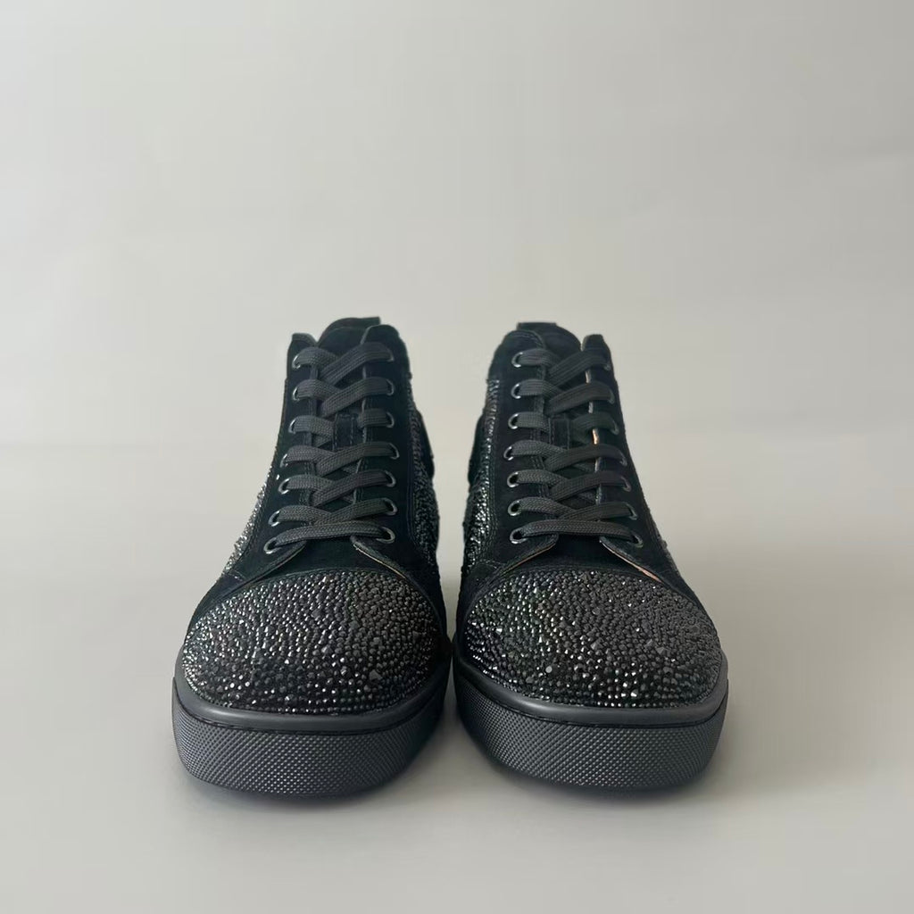 CL 【Red Sole】Lou Spikes high-top sneakers in black, fully embellished with crystals.