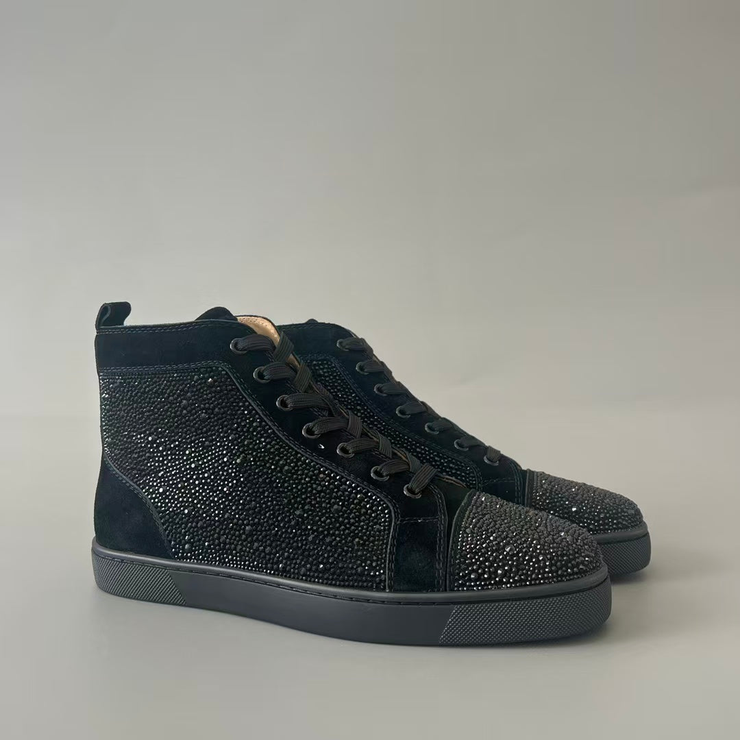 CL 【Red Sole】Lou Spikes high-top sneakers in black, fully embellished with crystals.
