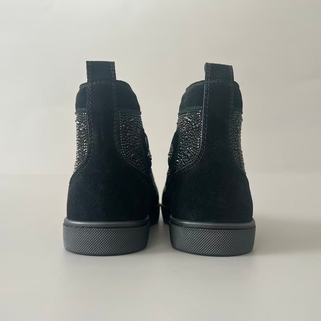 CL 【Red Sole】Lou Spikes high-top sneakers in black, fully embellished with crystals.