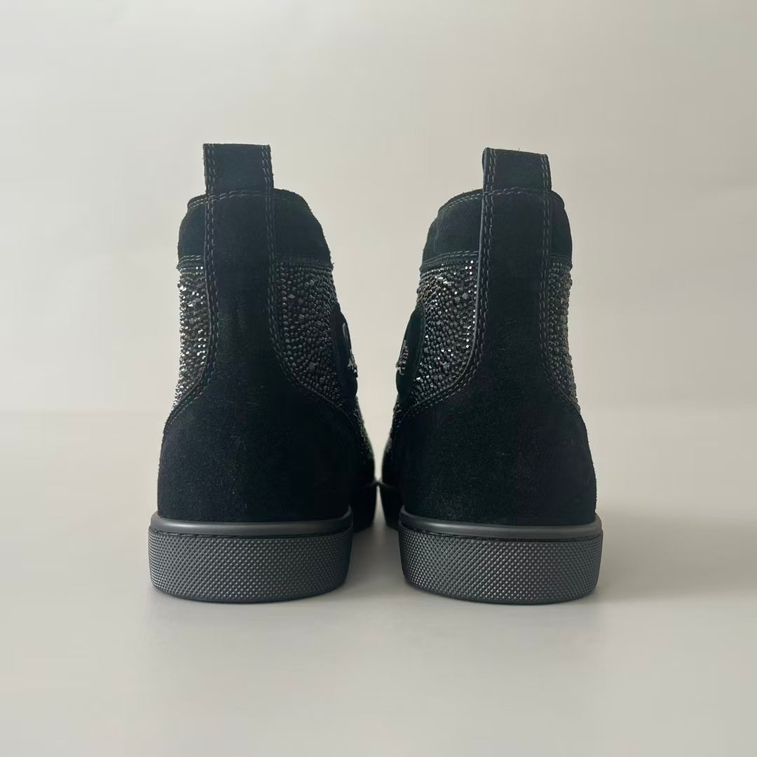 CL 【Red Sole】Lou Spikes high-top sneakers in black, fully embellished with crystals.