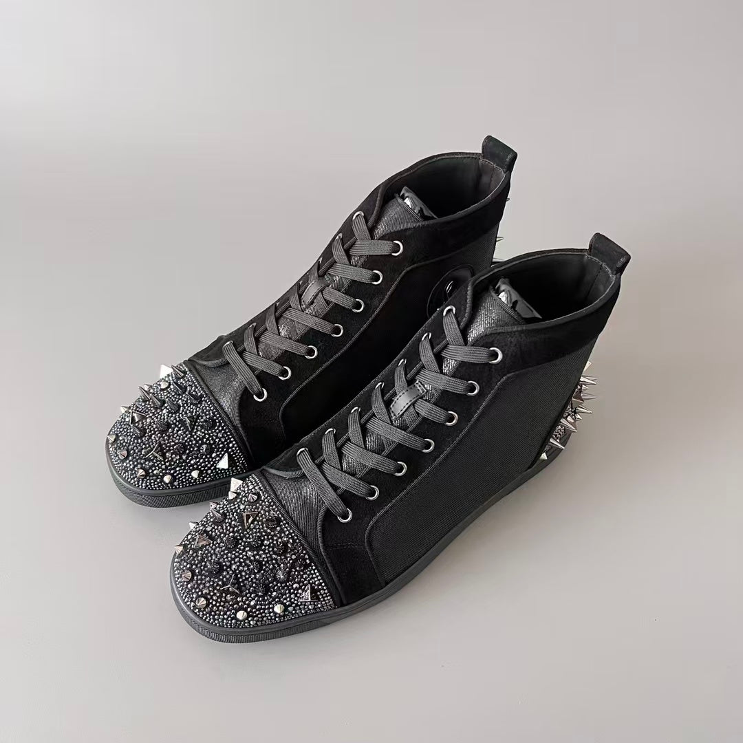 CL 【Red Sole】Lou Spikes High-Top Sneakers – Black Diamond Studs