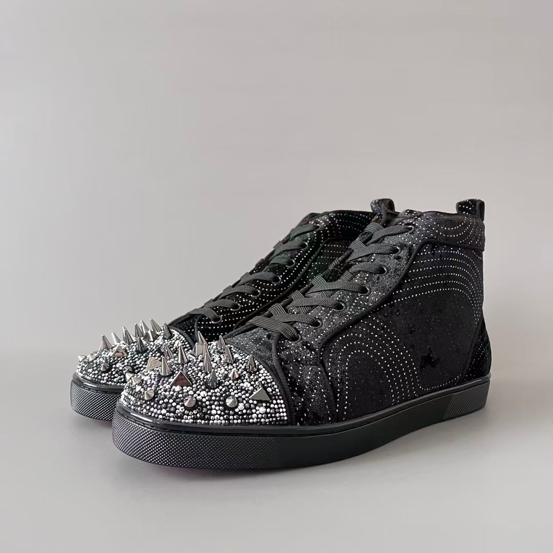 CL 【Red Sole】Lou Spikes high-top sneakers in black velvet.