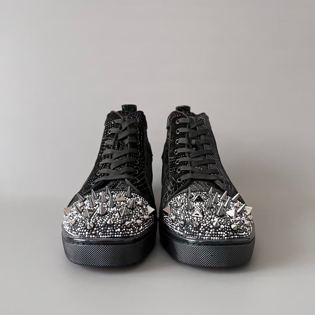 CL 【Red Sole】Lou Spikes high-top sneakers in black velvet.
