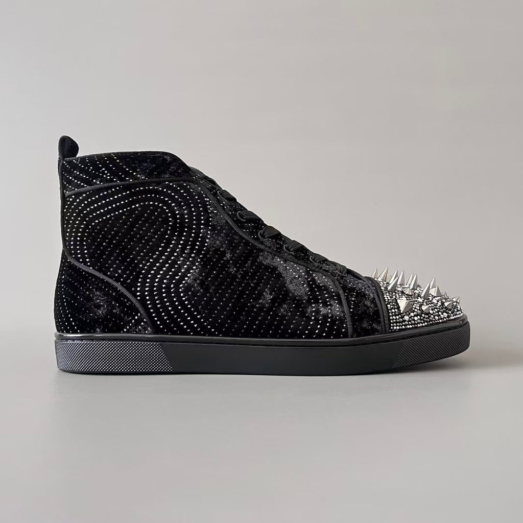 CL 【Red Sole】Lou Spikes high-top sneakers in black velvet.