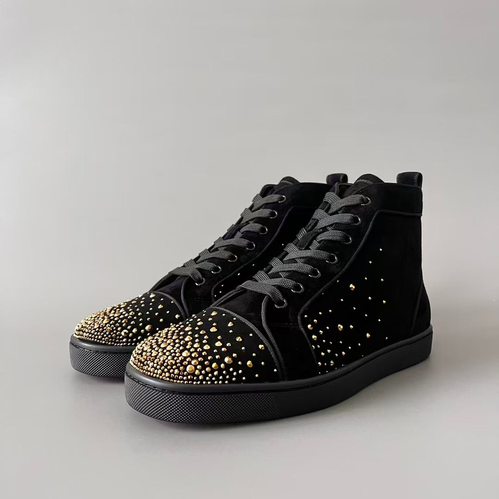 CL 【Red Sole】Lou Spikes high-top sneakers in black with gold rhinestone embellishments.