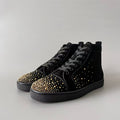 CL 【Red Sole】Lou Spikes high-top sneakers in black with gold rhinestone embellishments.