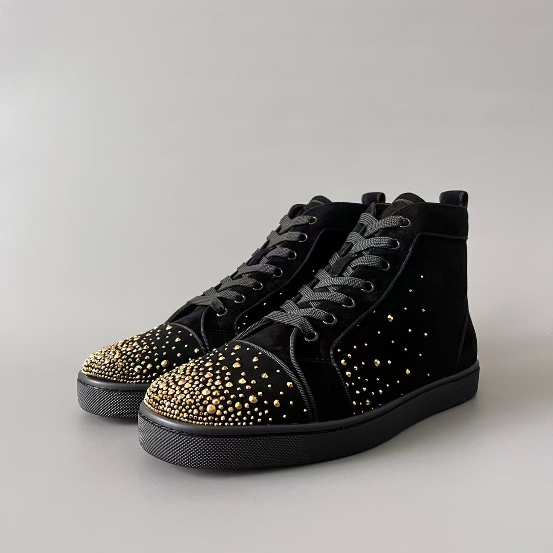 CL 【Red Sole】Lou Spikes high-top sneakers in black with gold rhinestone embellishments.