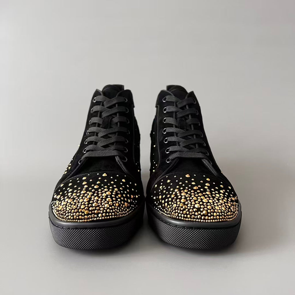 CL 【Red Sole】Lou Spikes high-top sneakers in black with gold rhinestone embellishments.
