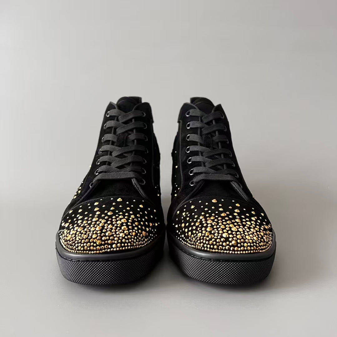 CL 【Red Sole】Lou Spikes high-top sneakers in black with gold rhinestone embellishments.