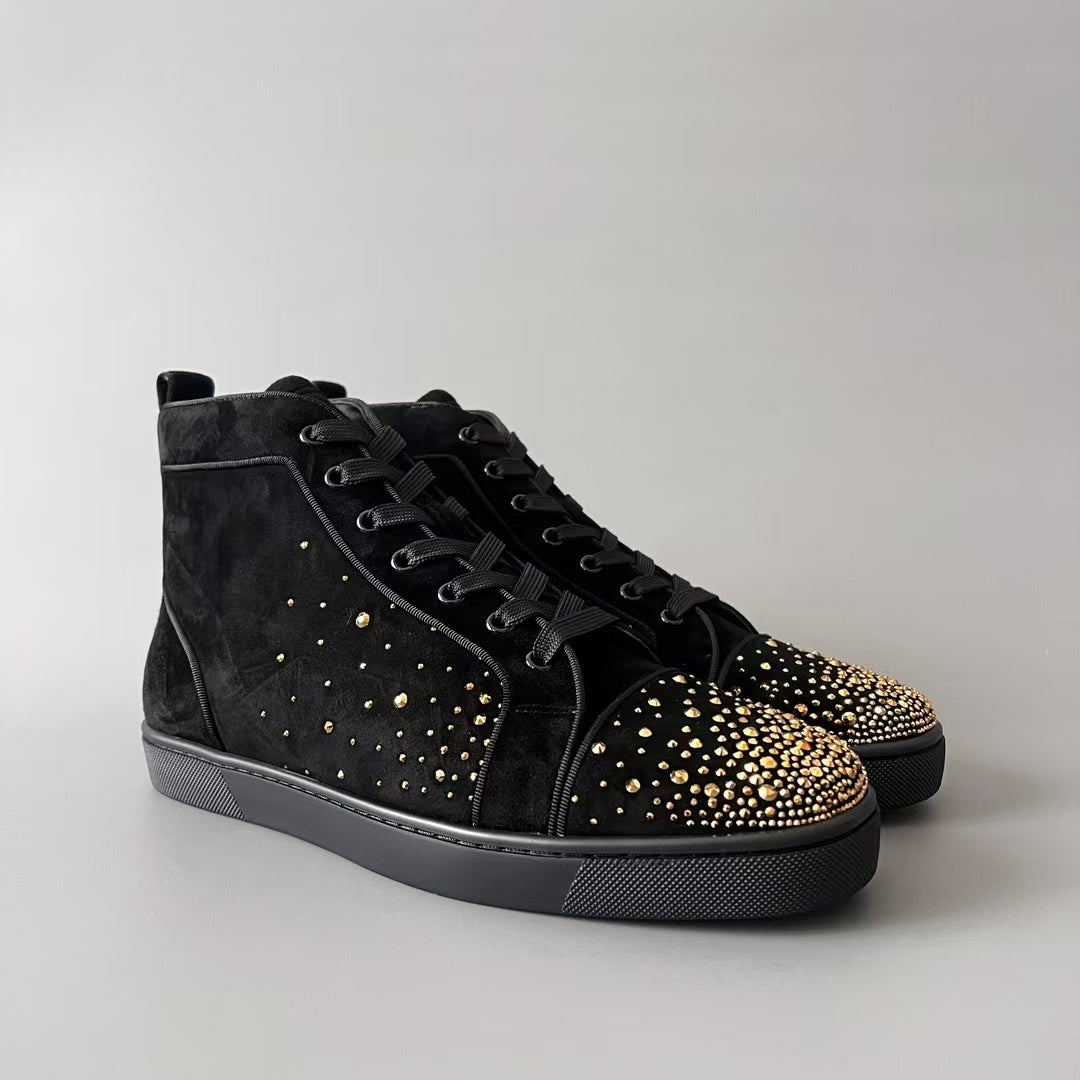 CL 【Red Sole】Lou Spikes high-top sneakers in black with gold rhinestone embellishments.