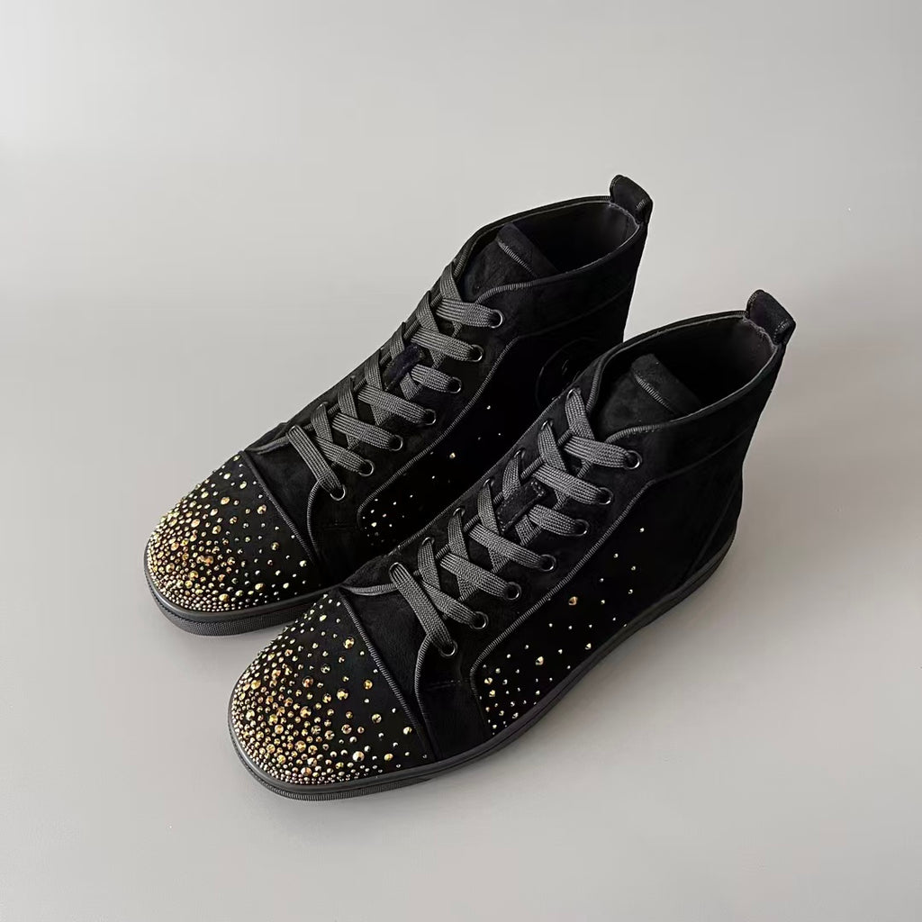 CL 【Red Sole】Lou Spikes high-top sneakers in black with gold rhinestone embellishments.