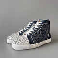 CL 【Red Sole】Lou Spikes high-top sneakers in white and blue with studs.
