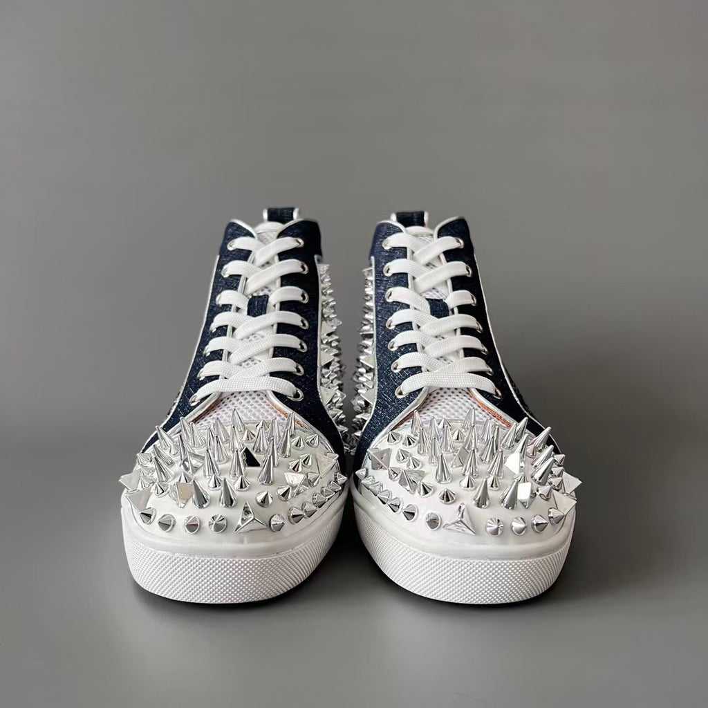 CL 【Red Sole】Lou Spikes high-top sneakers in white and blue with studs.