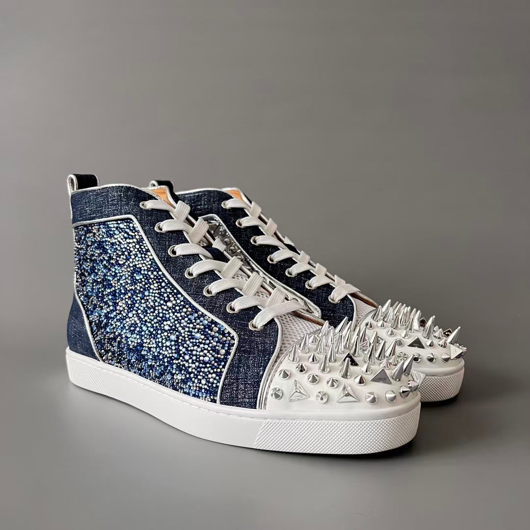 CL 【Red Sole】Lou Spikes high-top sneakers in white and blue with studs.