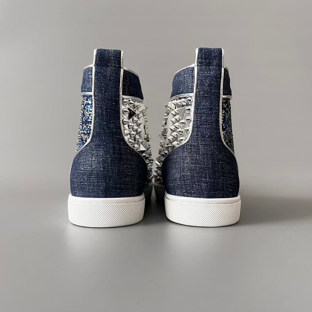 CL 【Red Sole】Lou Spikes high-top sneakers in white and blue with studs.